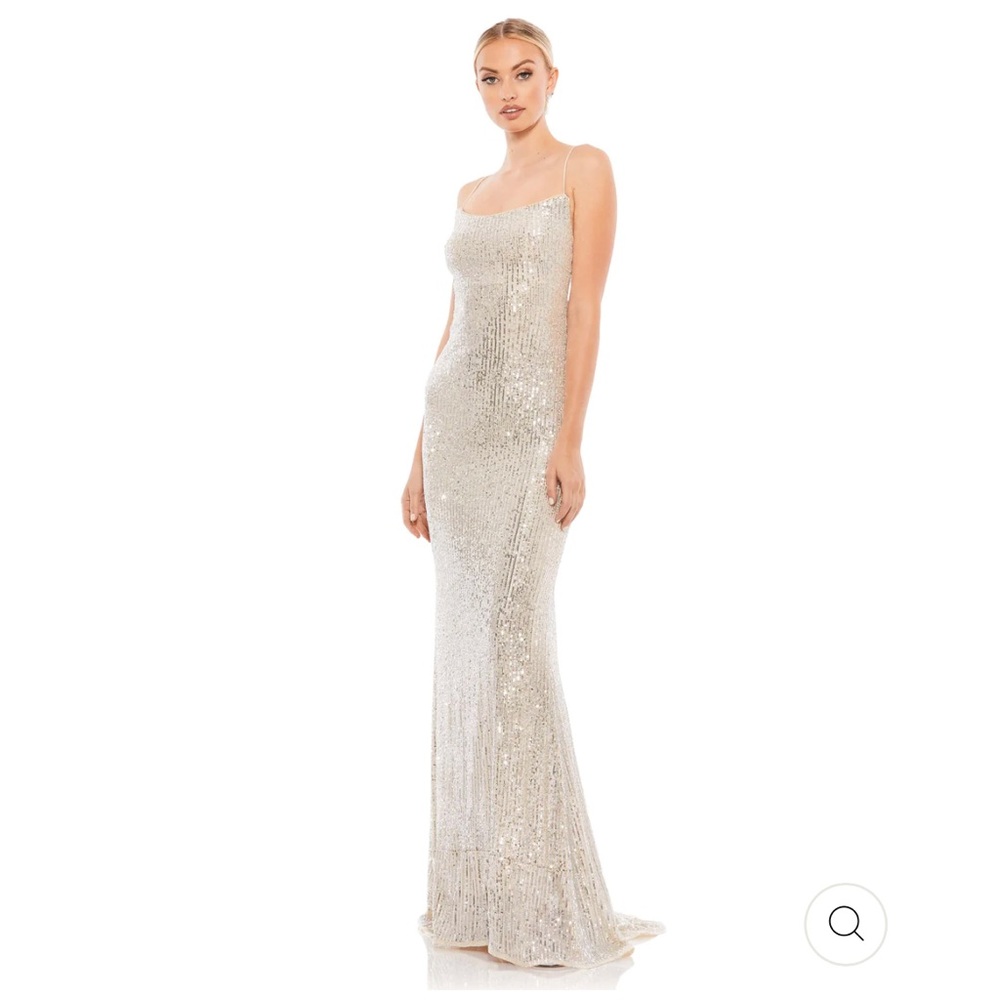 Mac Dougal Stretch Sequin Lace Up Back Evening Gown- Nude/Silver 4